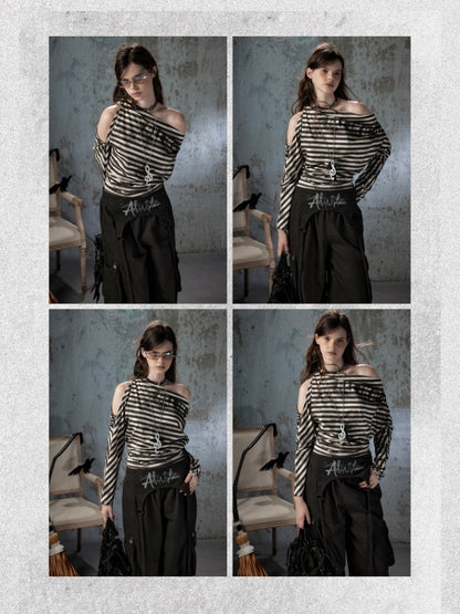 Asymmetric Striped Off-Shoulder  Bat Long Sleeve Cinched Waist T-Shirt【s0000018396】