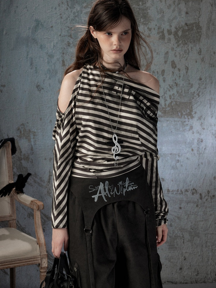 Asymmetric Striped Off-Shoulder  Bat Long Sleeve Cinched Waist T-Shirt【s0000018396】