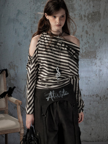 Asymmetric Striped Off-Shoulder  Bat Long Sleeve Cinched Waist T-Shirt【s0000018396】
