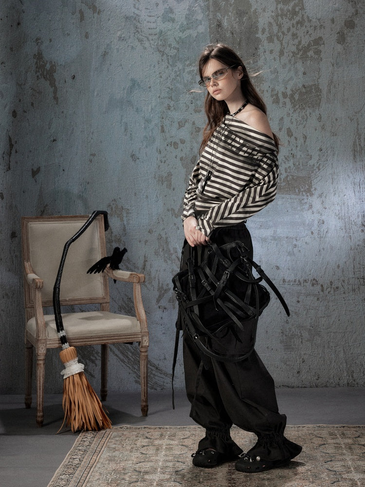 Asymmetric Striped Off-Shoulder  Bat Long Sleeve Cinched Waist T-Shirt【s0000018396】
