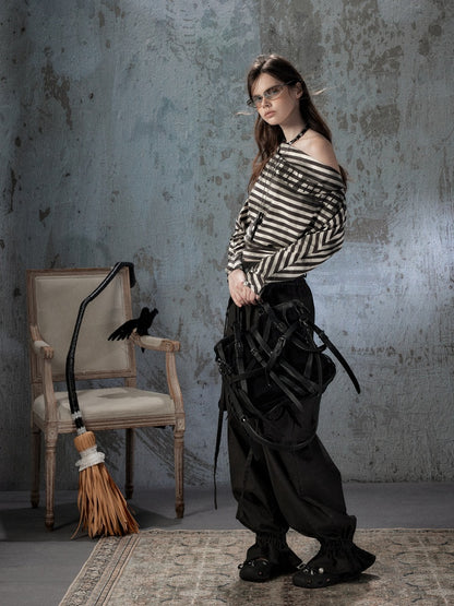 Asymmetric Striped Off-Shoulder  Bat Long Sleeve Cinched Waist T-Shirt【s0000018396】