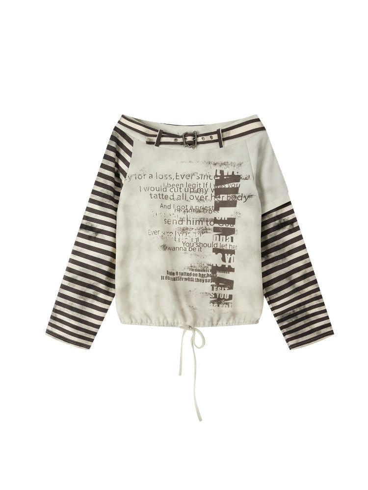 Asymmetrical Drawstring Striped Patchwork Off-Shoulder Long Sleeve T-Shirt【s0000018398】