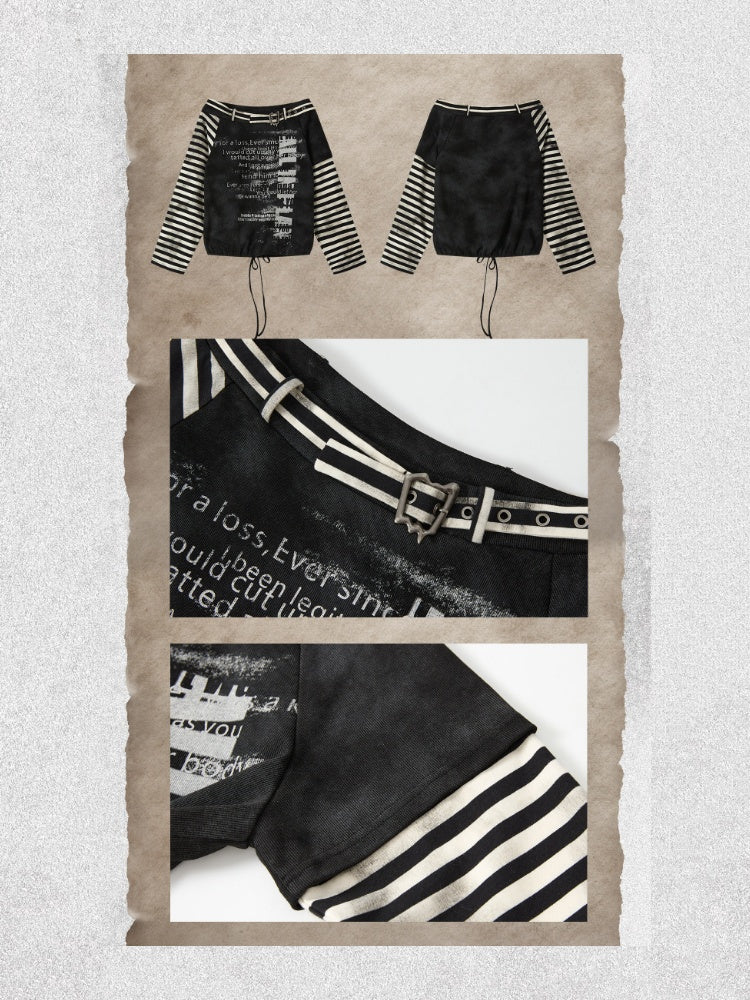 Asymmetrical Drawstring Striped Patchwork Off-Shoulder Long Sleeve T-Shirt【s0000018398】