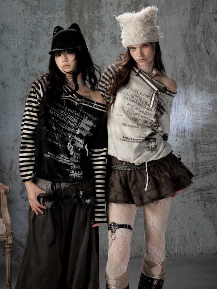 Asymmetrical Drawstring Striped Patchwork Off-Shoulder Long Sleeve T-Shirt【s0000018398】