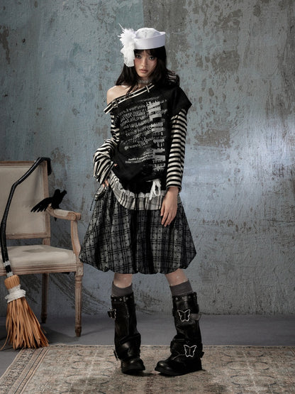 Asymmetrical Drawstring Striped Patchwork Off-Shoulder Long Sleeve T-Shirt【s0000018398】