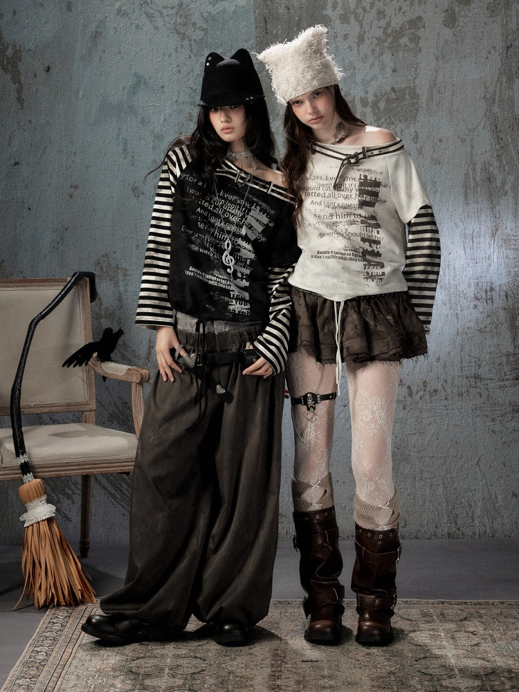 Asymmetrical Drawstring Striped Patchwork Off-Shoulder Long Sleeve T-Shirt【s0000018398】