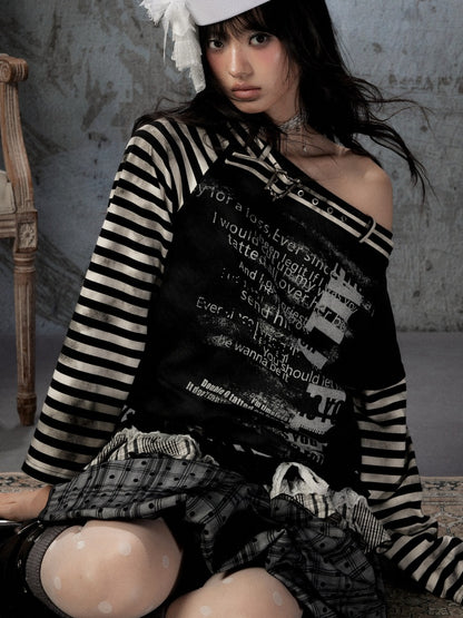 Asymmetrical Drawstring Striped Patchwork Off-Shoulder Long Sleeve T-Shirt【s0000018398】