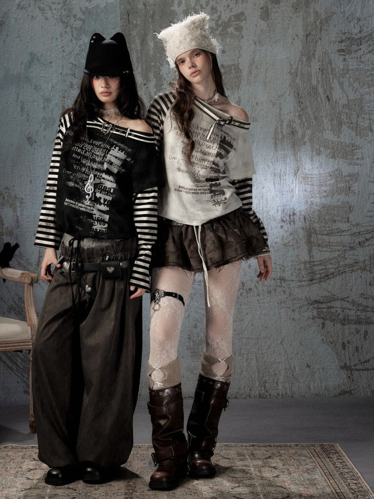 Asymmetrical Drawstring Striped Patchwork Off-Shoulder Long Sleeve T-Shirt【s0000018398】