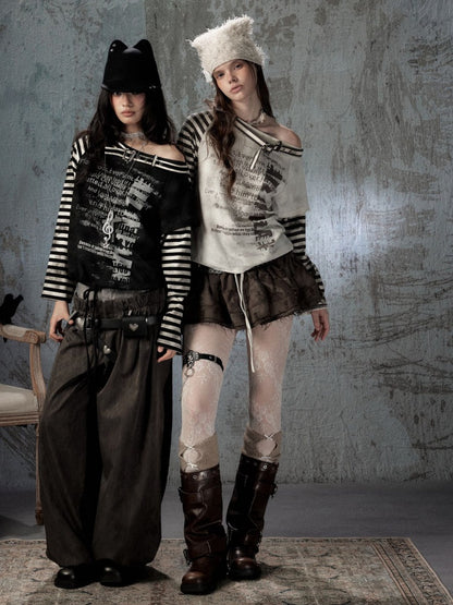 Asymmetrical Drawstring Striped Patchwork Off-Shoulder Long Sleeve T-Shirt【s0000018398】