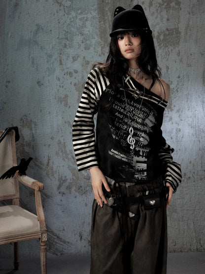 Asymmetrical Drawstring Striped Patchwork Off-Shoulder Long Sleeve T-Shirt【s0000018398】