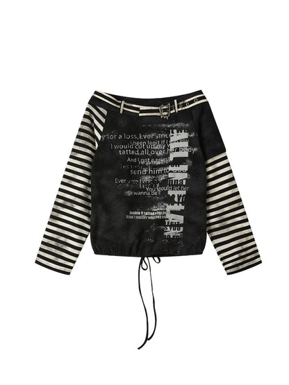 Asymmetrical Drawstring Striped Patchwork Off-Shoulder Long Sleeve T-Shirt【s0000018398】