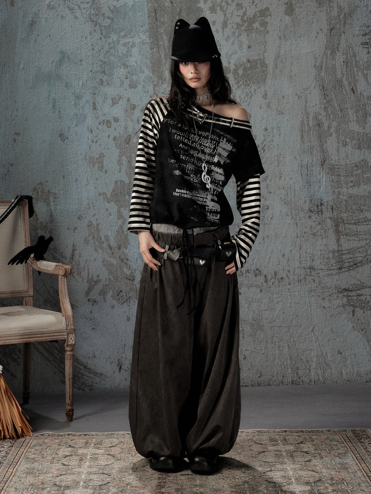 Asymmetrical Drawstring Striped Patchwork Off-Shoulder Long Sleeve T-Shirt【s0000018398】