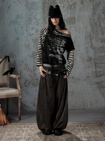 Asymmetrical Drawstring Striped Patchwork Off-Shoulder Long Sleeve T-Shirt【s0000018398】