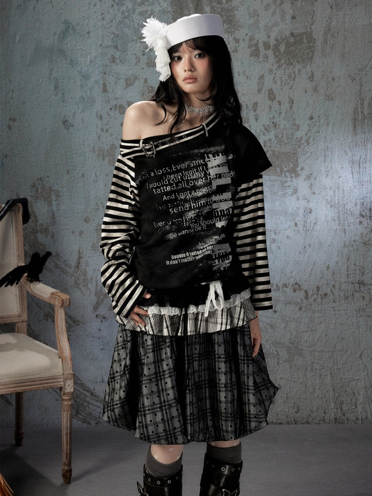 Asymmetrical Drawstring Striped Patchwork Off-Shoulder Long Sleeve T-Shirt【s0000018398】