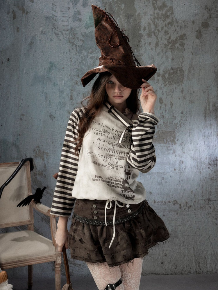 Asymmetrical Drawstring Striped Patchwork Off-Shoulder Long Sleeve T-Shirt【s0000018398】