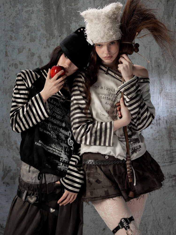 Asymmetrical Drawstring Striped Patchwork Off-Shoulder Long Sleeve T-Shirt【s0000018398】