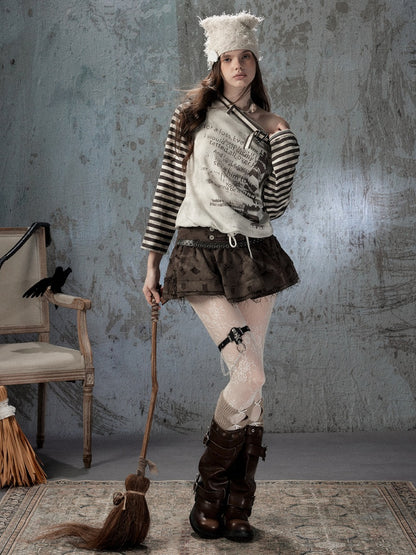 Asymmetrical Drawstring Striped Patchwork Off-Shoulder Long Sleeve T-Shirt【s0000018398】