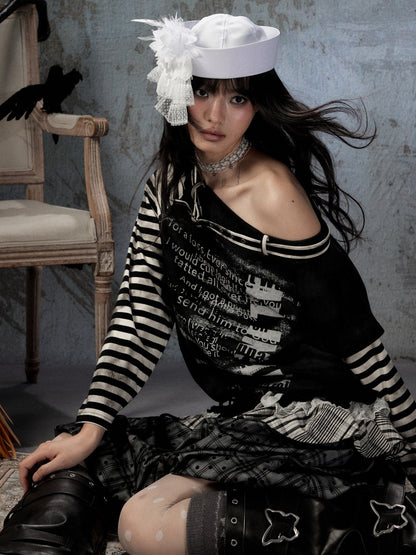 Asymmetrical Drawstring Striped Patchwork Off-Shoulder Long Sleeve T-Shirt【s0000018398】