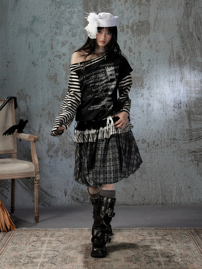 Asymmetrical Drawstring Striped Patchwork Off-Shoulder Long Sleeve T-Shirt【s0000018398】