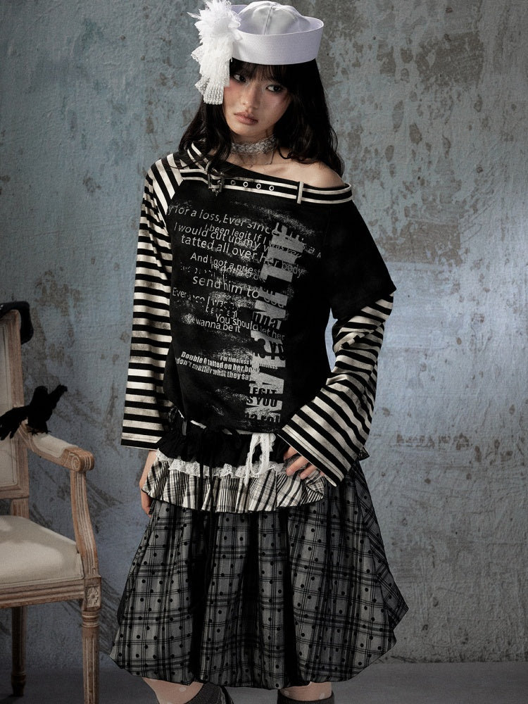 Asymmetrical Drawstring Striped Patchwork Off-Shoulder Long Sleeve T-Shirt【s0000018398】
