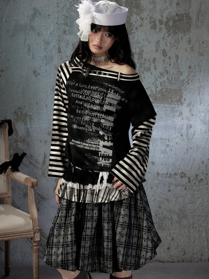 Asymmetrical Drawstring Striped Patchwork Off-Shoulder Long Sleeve T-Shirt【s0000018398】