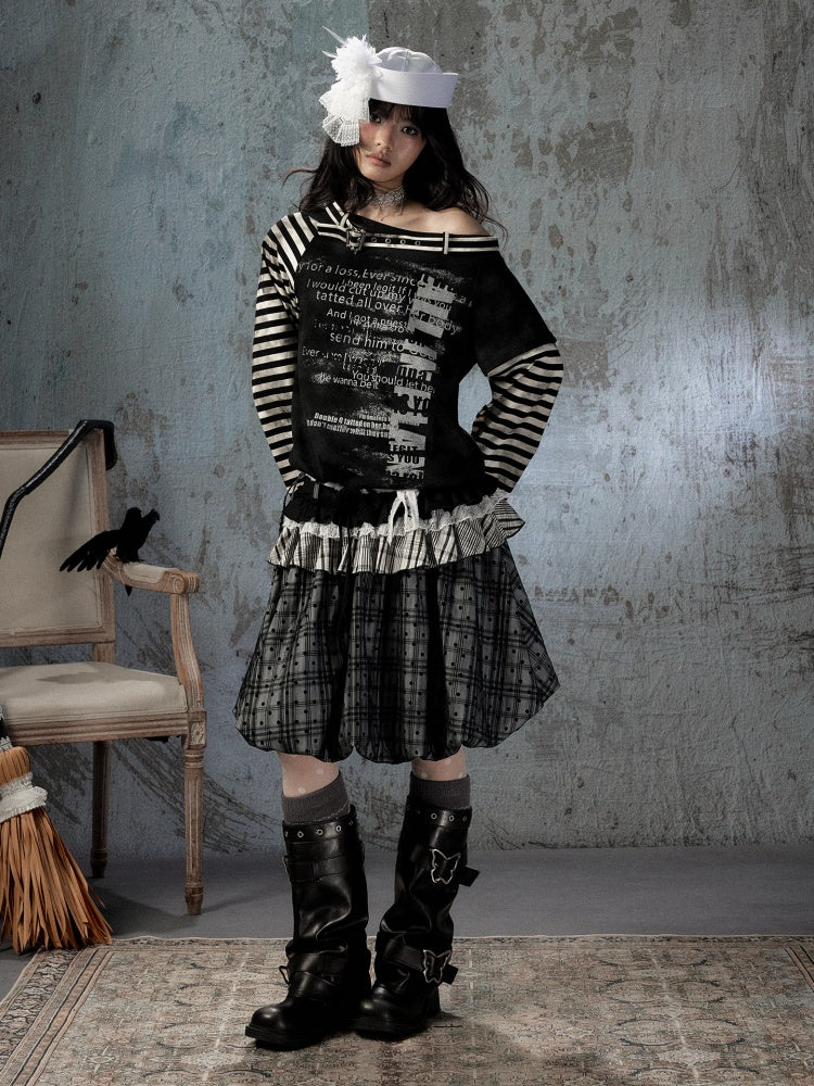 Asymmetrical Drawstring Striped Patchwork Off-Shoulder Long Sleeve T-Shirt【s0000018398】