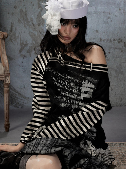 Asymmetrical Drawstring Striped Patchwork Off-Shoulder Long Sleeve T-Shirt【s0000018398】