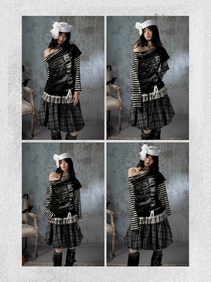 Asymmetrical Drawstring Striped Patchwork Off-Shoulder Long Sleeve T-Shirt【s0000018398】