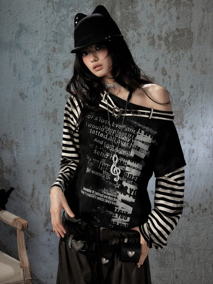 Asymmetrical Drawstring Striped Patchwork Off-Shoulder Long Sleeve T-Shirt【s0000018398】
