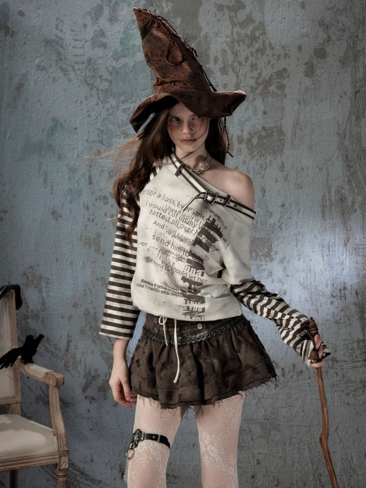 Asymmetrical Drawstring Striped Patchwork Off-Shoulder Long Sleeve T-Shirt【s0000018398】