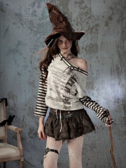 Asymmetrical Drawstring Striped Patchwork Off-Shoulder Long Sleeve T-Shirt【s0000018398】