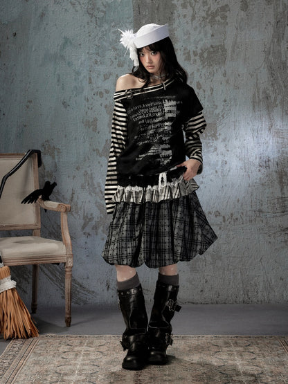 Asymmetrical Drawstring Striped Patchwork Off-Shoulder Long Sleeve T-Shirt【s0000018398】