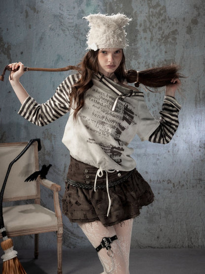 Asymmetrical Drawstring Striped Patchwork Off-Shoulder Long Sleeve T-Shirt【s0000018398】