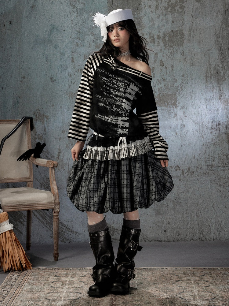 Asymmetrical Drawstring Striped Patchwork Off-Shoulder Long Sleeve T-Shirt【s0000018398】