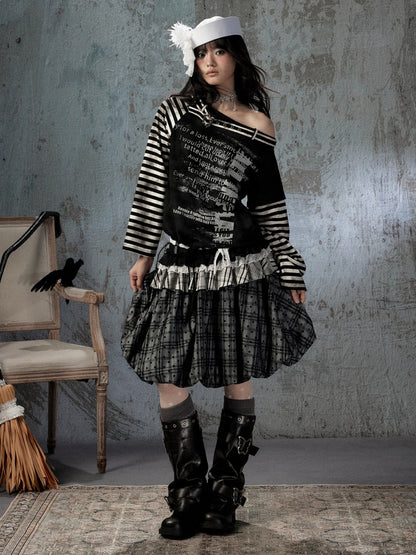 Asymmetrical Drawstring Striped Patchwork Off-Shoulder Long Sleeve T-Shirt【s0000018398】