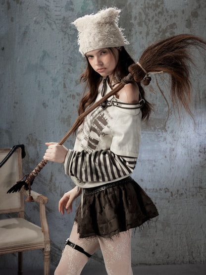 Asymmetrical Drawstring Striped Patchwork Off-Shoulder Long Sleeve T-Shirt【s0000018398】