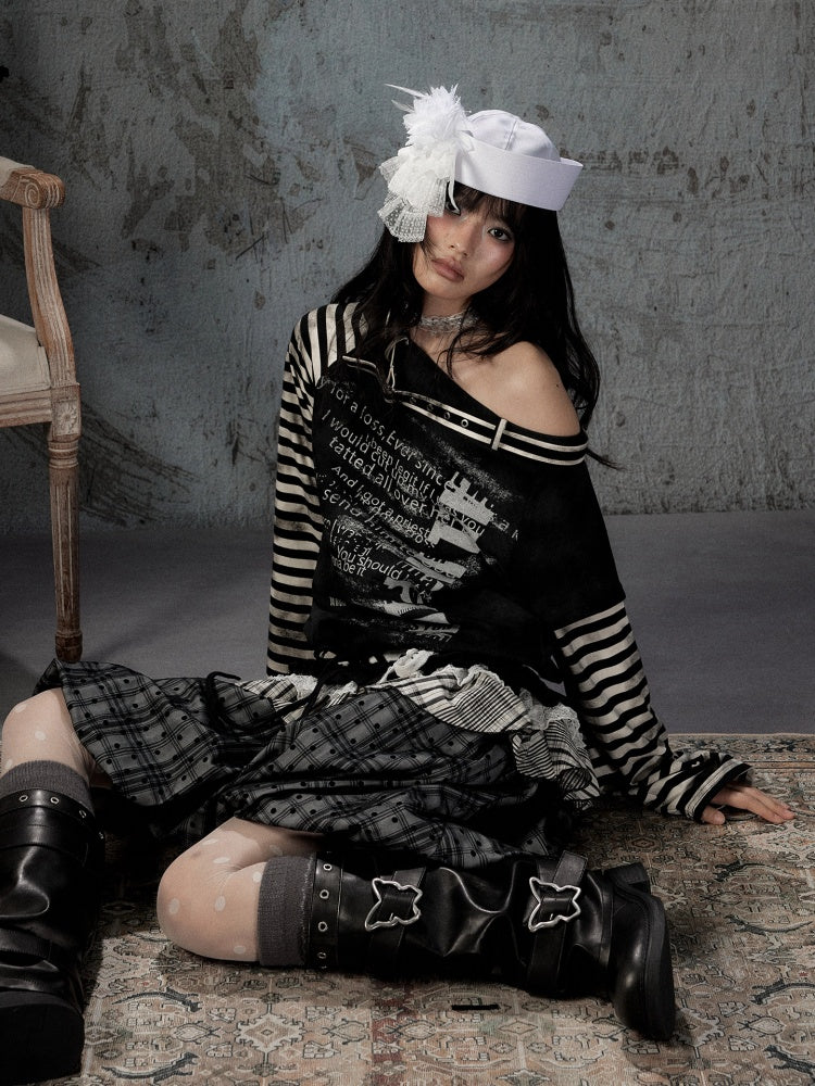 Asymmetrical Drawstring Striped Patchwork Off-Shoulder Long Sleeve T-Shirt【s0000018398】
