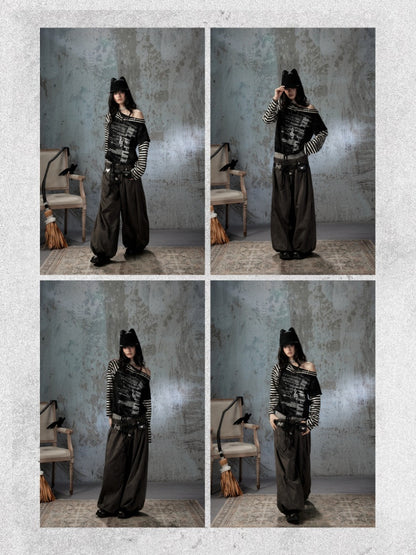 Asymmetrical Drawstring Striped Patchwork Off-Shoulder Long Sleeve T-Shirt【s0000018398】