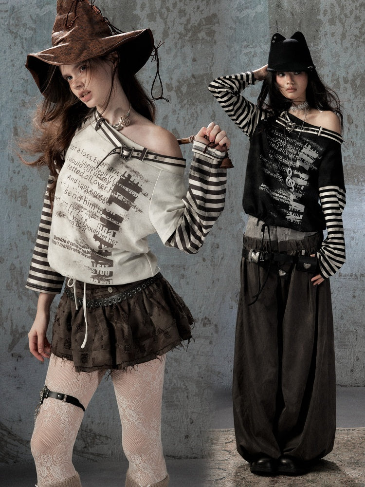 Asymmetrical Drawstring Striped Patchwork Off-Shoulder Long Sleeve T-Shirt【s0000018398】