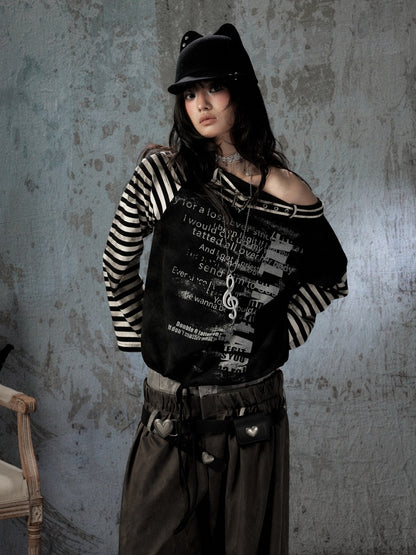 Asymmetrical Drawstring Striped Patchwork Off-Shoulder Long Sleeve T-Shirt【s0000018398】