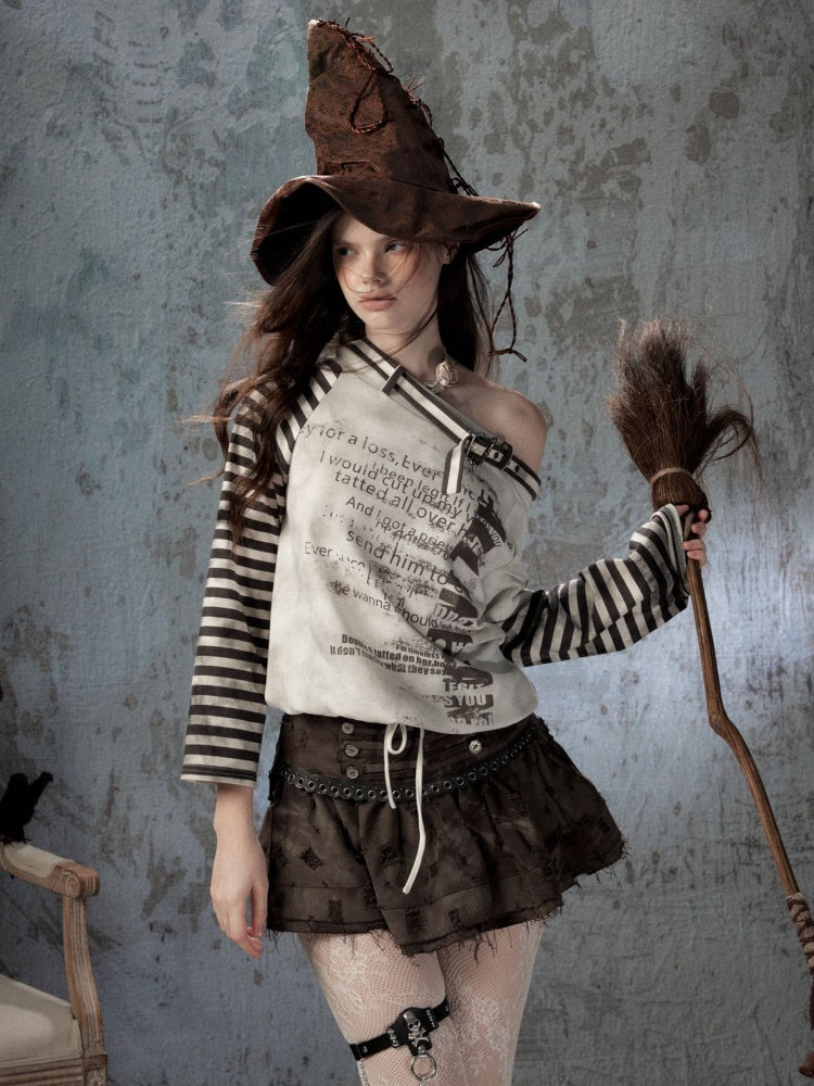Asymmetrical Drawstring Striped Patchwork Off-Shoulder Long Sleeve T-Shirt【s0000018398】