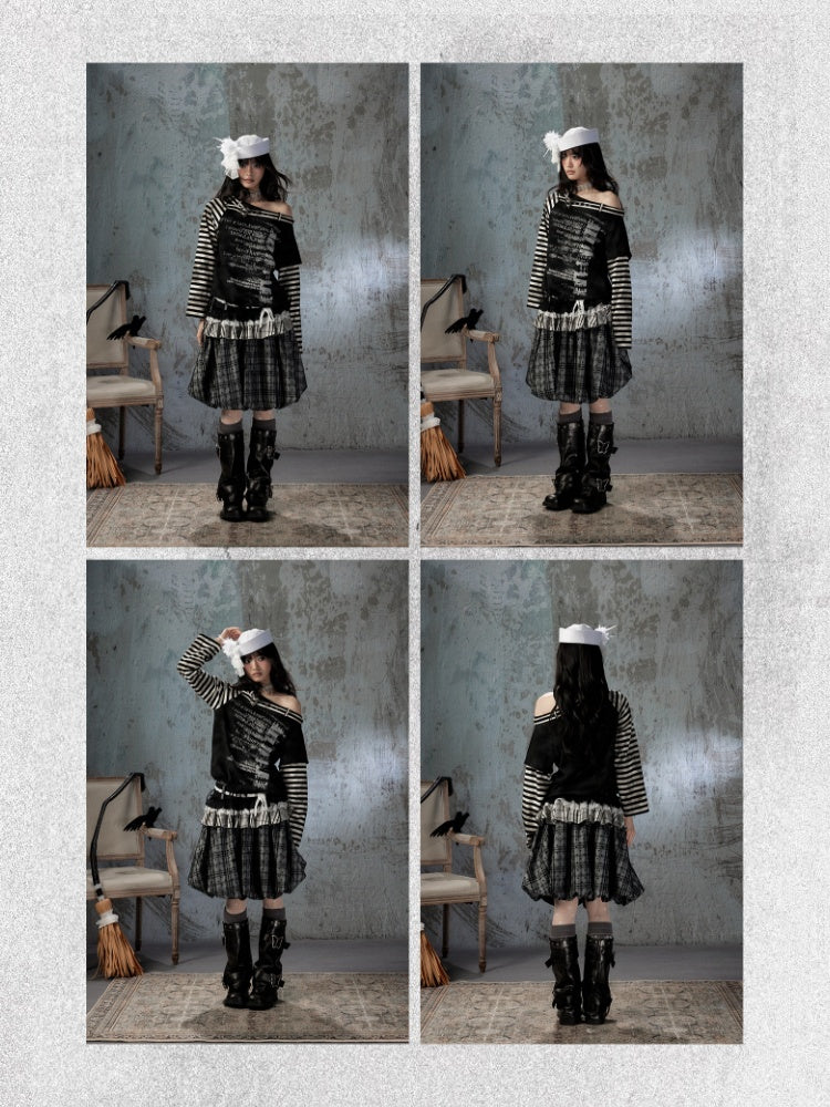 Asymmetrical Drawstring Striped Patchwork Off-Shoulder Long Sleeve T-Shirt【s0000018398】