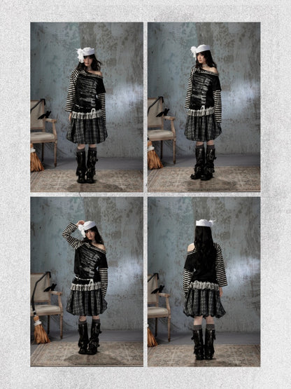 Asymmetrical Drawstring Striped Patchwork Off-Shoulder Long Sleeve T-Shirt【s0000018398】