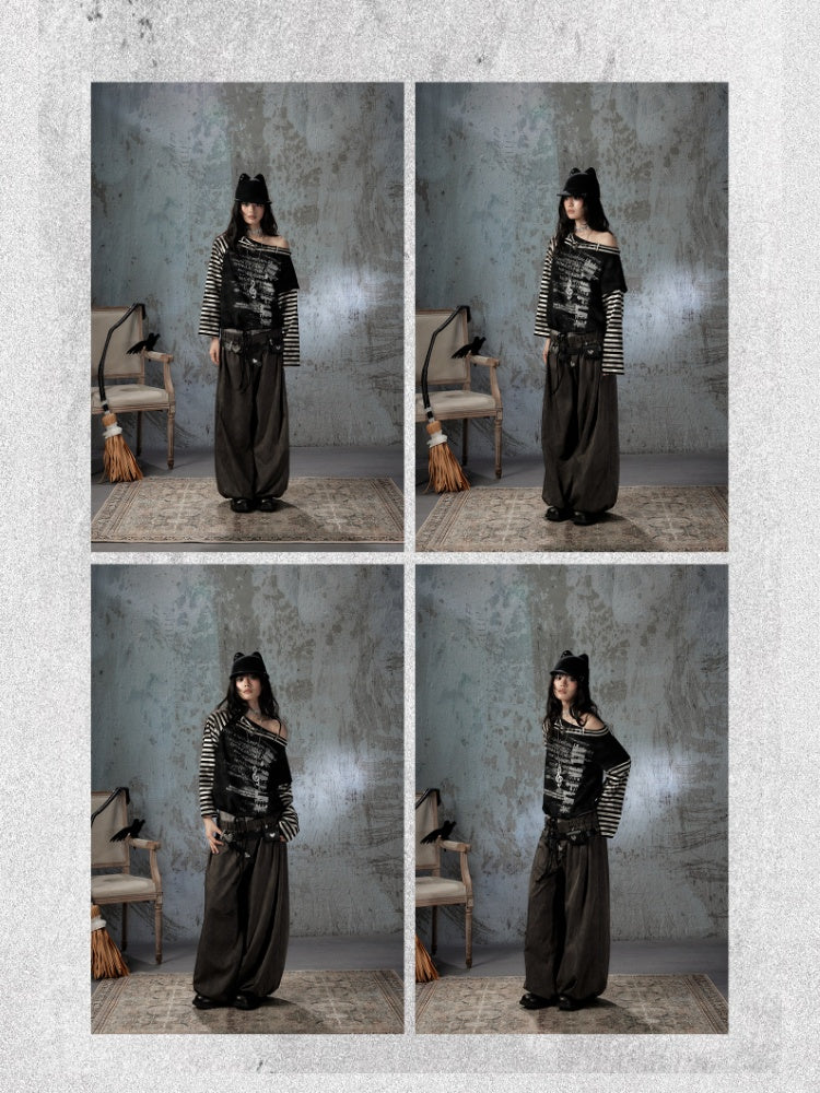 Asymmetrical Drawstring Striped Patchwork Off-Shoulder Long Sleeve T-Shirt【s0000018398】