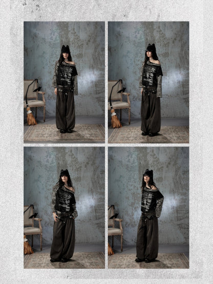 Asymmetrical Drawstring Striped Patchwork Off-Shoulder Long Sleeve T-Shirt【s0000018398】