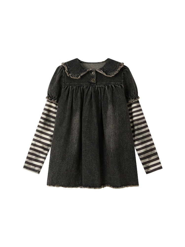 Striped Patchwork Denim Skirt Fake Two Doll Collar Dress【s0000018399】