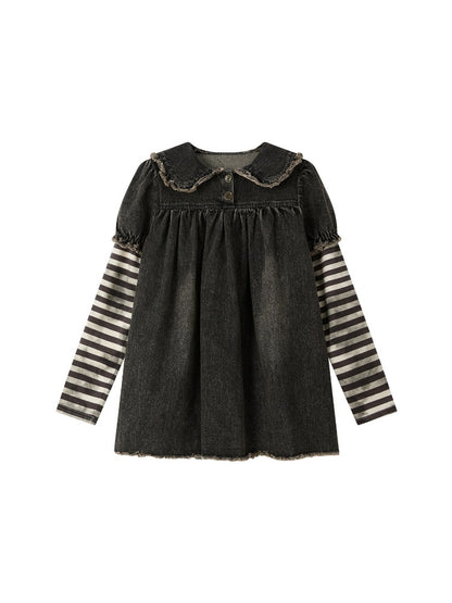 Striped Patchwork Denim Skirt Fake Two Doll Collar Dress【s0000018399】