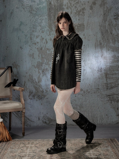 Striped Patchwork Denim Skirt Fake Two Doll Collar Dress【s0000018399】