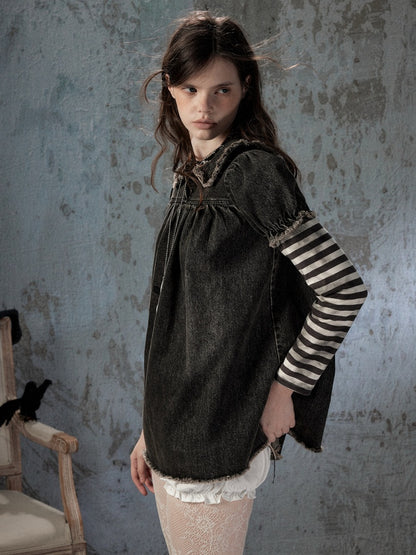 Striped Patchwork Denim Skirt Fake Two Doll Collar Dress【s0000018399】