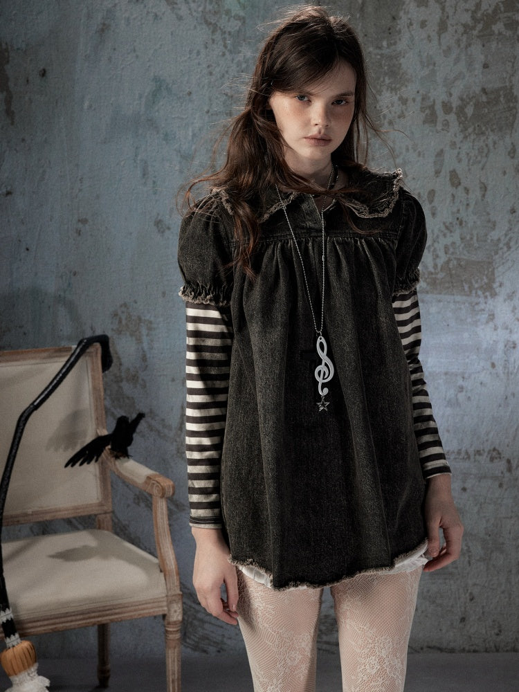 Striped Patchwork Denim Skirt Fake Two Doll Collar Dress【s0000018399】